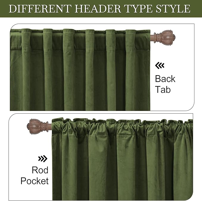 RYB HOME Back Tab Velvet Curtains, Thermal Insulated Privacy Protect Decorative Drapes for Living Room Home Theater, Olive Green, W 52 x L 108 inches, 2 Panels Set
