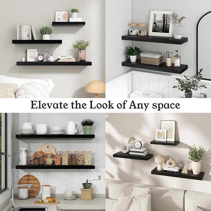 Floating Shelves for Wall, 9.3" Deep Wall Mounted Wood Shelves for Bathroom, Bedroom, Living Room, Kitchen, Hanging Shelf for Books/Storage/Room Decor (Black, 40")