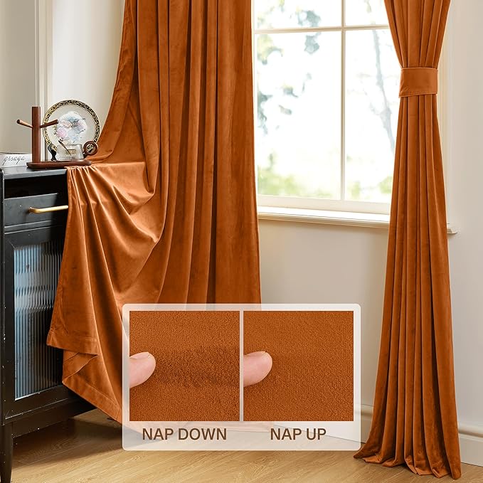 StangH Orange Velvet Curtains 108 inches Long, Extra Long Luxury Home Decor Room Darkening Energy Saving Window Treatment Holiday Backdrops for Party, W52 x L108, 2 Panels