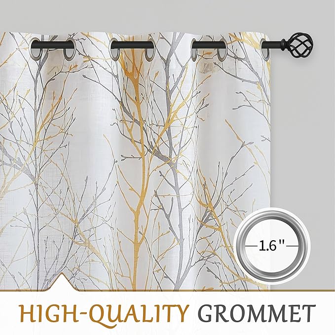 FMFUNCTEX Tree Yellow White Sliding Door Curtain for Living Room 100 x 84 Inches Long Branch Print Linen Texture Semi Sheer Curtain Farmhouse Rustic Window Drapery 1 Panel Grommet Top
