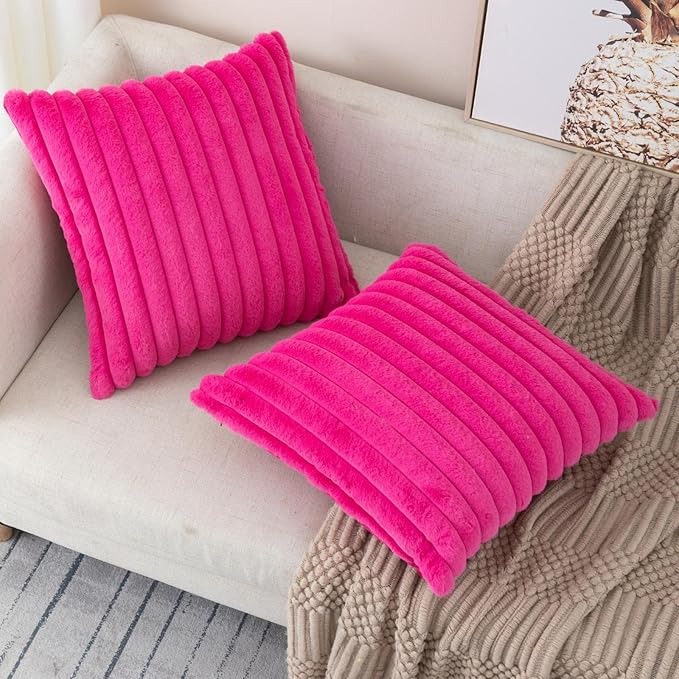 ZLINA Set of 2 Hot Pink Faux Fur Decorative Throw Pillow Covers Fluffy Striped Pillowcase Cushion Covers 20 x 20 Inch Decor Sofa Couch Bedroom