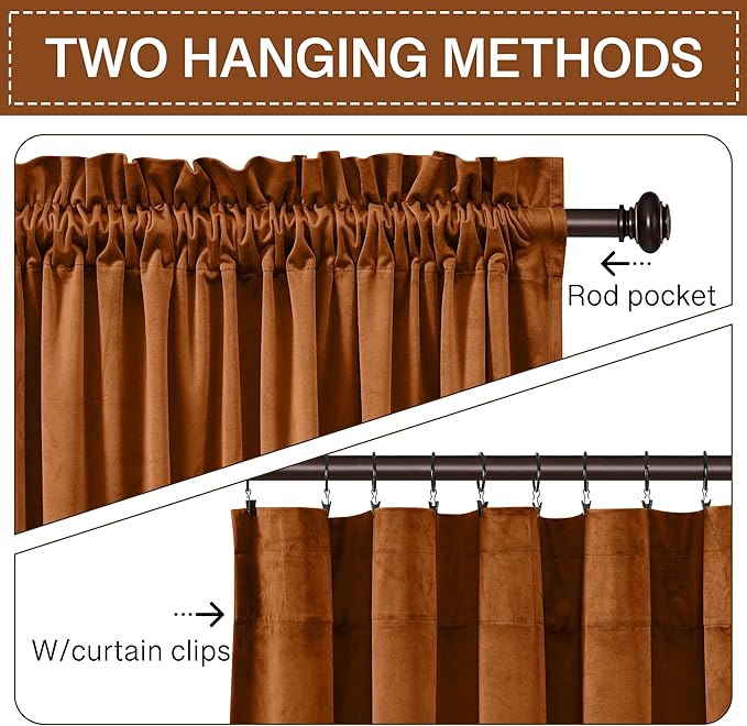 StangH Burnt Orange Velvet Curtains - Vibrant Thermal Insulated Drapes for Living Room, Soft Noise Reducing Curtains, Warm Autumn Decor, W52 x L105, 2 Panels