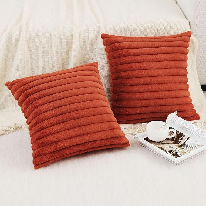 Pallene Faux Fur Plush Fall Throw Pillow Covers 16x16 Set of 2, Luxury Soft Fluffy Striped Decorative Pillow Covers for Sofa, Couch, Living Room, Rust