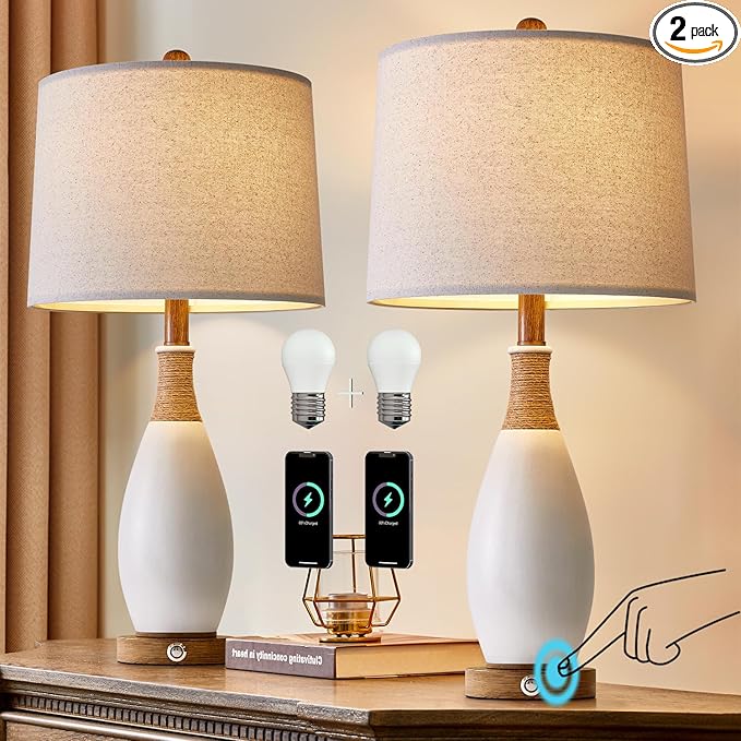 OYEARS 24.5” 3-Way Dimmable Touch Control Bedside Table Lamp Set of 2 with USB and Type-C Charging Ports Modern Farmhouse Nightstand Lamp for Bedroom Living Room (Bulb Included)