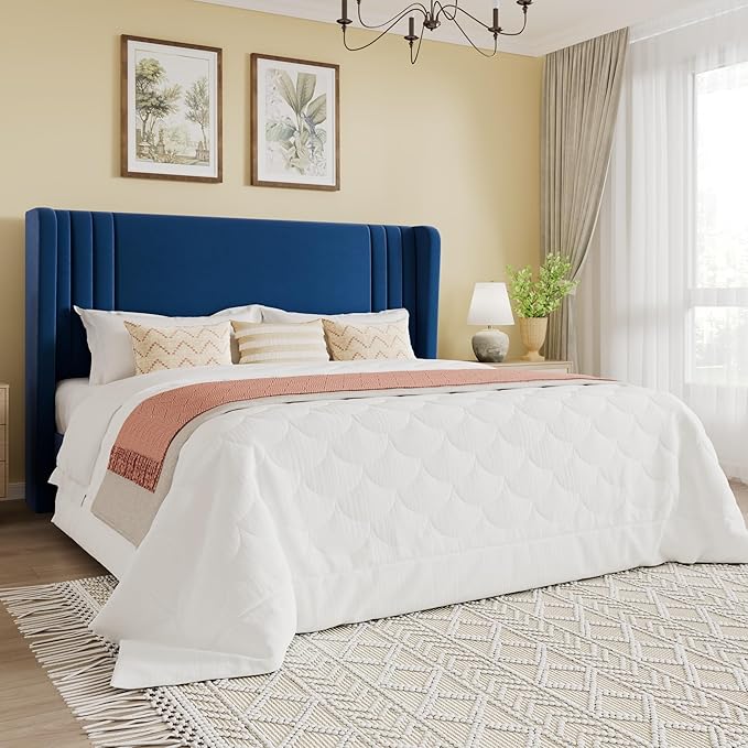 SHA CERLIN Full Size Velvet Upholstered Platform Bed Frame with Vertical Channel Tufted Wingback Headboard, Wooden Slats Support, Easy Assembly, Under Bed Storage, No Box Spring Required, Blue