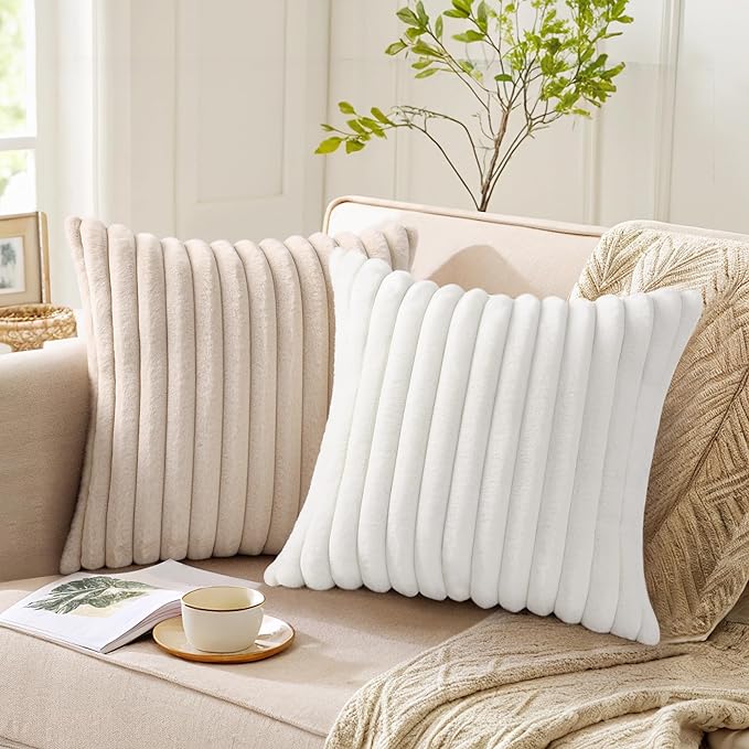 Pallene Faux Fur Plush Throw Pillow Covers 22x22 Set of 2, Luxury Soft Fluffy Striped Decorative Pillow Covers for Sofa, Couch, Living Room, Apricot