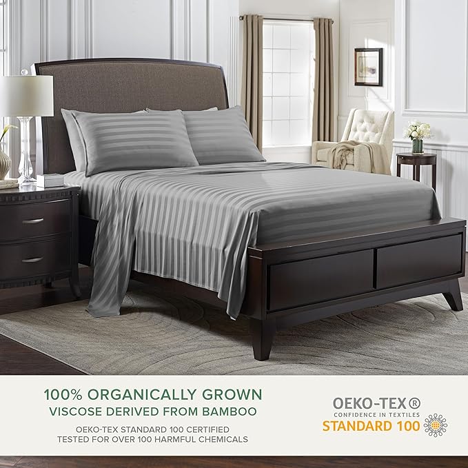 Pure Bamboo Queen Sheets, Genuine 100% Organic Viscose Derived from Bamboo Bed Sheet Set, Luxuriously Soft & Cooling, Double Stitching, 2 Year Quality Promise (Queen, Jacquard Stone)