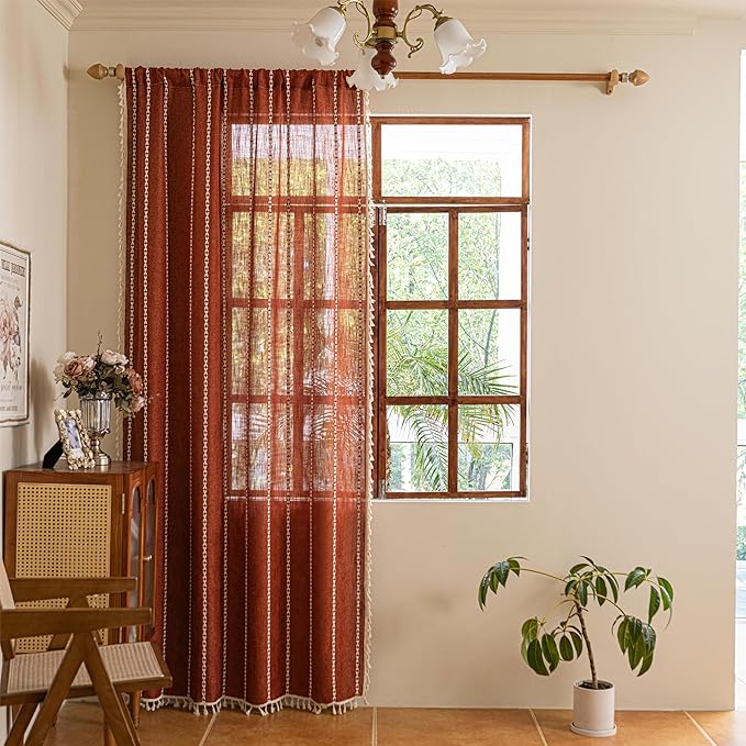 Sutuo Home Boho Window Curtains for Nursery Kid's Room, Burnt Orange Light Filtering Linen Farmhouse Privacy Window Treatment Bohemian Embroidery Strips, Rod Pocket 1 Panel 52" W x 72" L, Terracotta