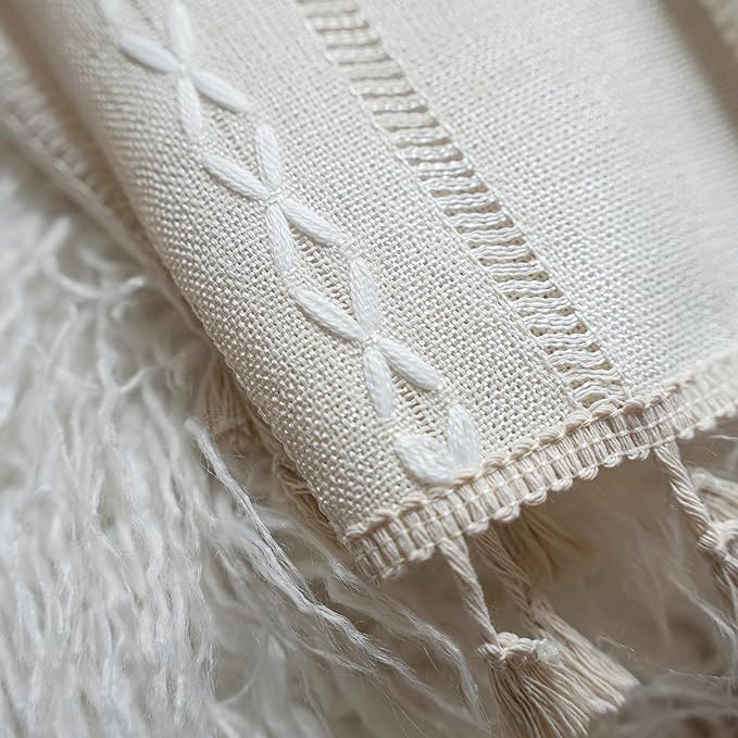 Sutuo Home Boho Curtain for Kitchen Cafe 63 Inches Long, Semi-Blackout Rustic Country Linen Embroidery Vintage Tassels Hollow Window Treatment Bohemian Drape, 1 Panel 52" W x 63" L, Ivory