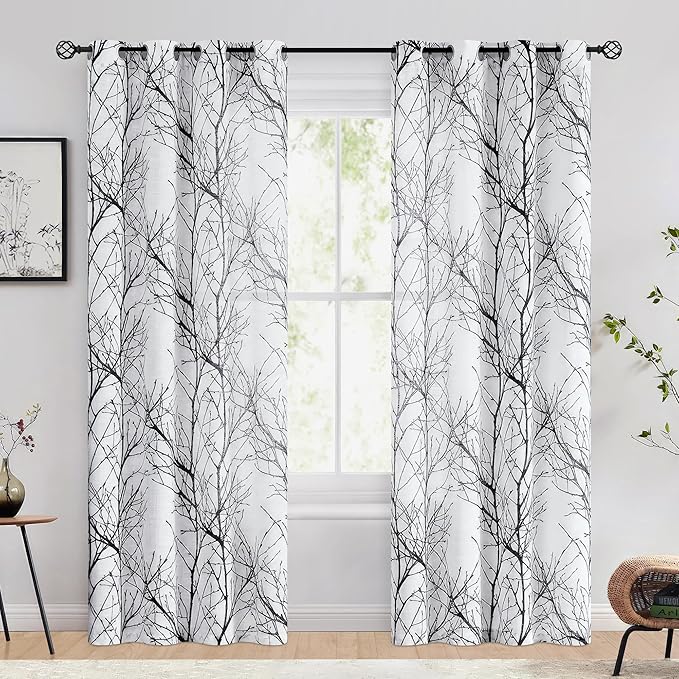 FMFUNCTEX Linen Semi Sheer Curtains for Bedroom, Black White Curtains 72 Inches Long for Living Room, Grey Tree Branch Patterned Curtain Light Filtering Farmhouse Window Drapes, Grommet Top 2 Panels