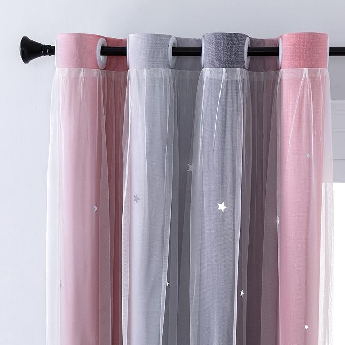 XiDi Curtains for Bedroom Decor, Rainbow Pink-Grey-34-45