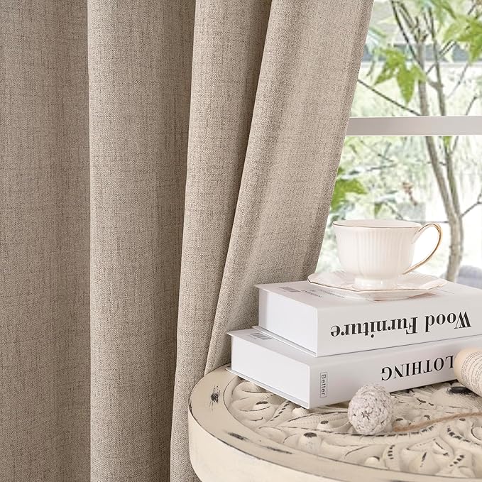 YoungsTex Oatmeal Linen Semi Sheer Curtains 63 lnch Length 2 Panels, Tan Light Filtering Window Drapes Textured with Bronze Grommet for Bedroom Living Room Farmhouse, 52 X 63 Inch