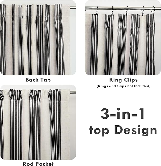 DriftAway Farmhouse Vertical Striped Linen Blend Textured Light Filtering Semi Sheer Curtains for Living Room Bedroom 84 Inches Long Drapes 2 Panels Broad Striped Linen Black