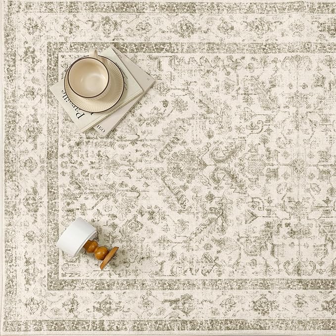 Taupe 6x9 Area Rug Vintage Washable Living Room Carpet Non Slip Bedroom Indoor Office Low Pile Large Traditional Distressed Retro Accent Rug for Dining Room Bathroom Kitchen