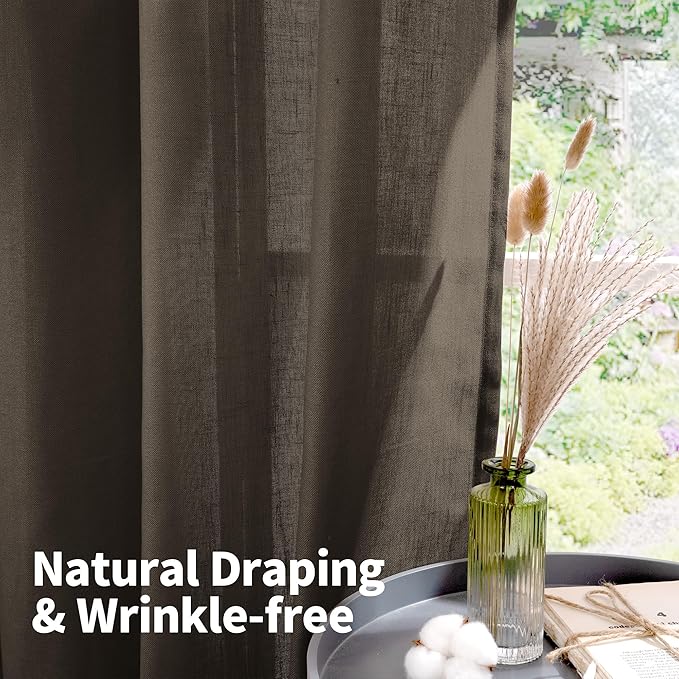 YoungsTex Brown Linen Semi Sheer Curtains 80 Inches Long for Living Room, Chocolate Light Filtering Drapes with Grommet Privacy Decorative for Bedroom, 2 Panels, 52 X 80 Inch