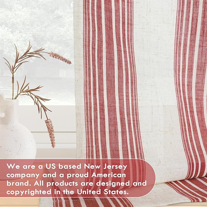 DriftAway Farmhouse Vertical Striped Linen Blend Textured Light Filtering Semi Sheer Curtains for Living Room Bedroom 96 Inches Long Drapes 2 Panels Broad Striped Linen Red