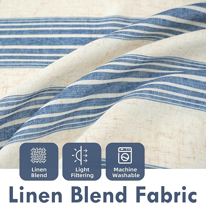 DriftAway Farmhouse Vertical Striped Linen Blend Textured Light Filtering Semi Sheer Curtains for Living Room Bedroom 63 Inches Long Drapes 2 Panels Broad Striped Linen Jean Navy
