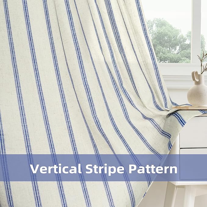 DriftAway Farmhouse Vertical Striped Linen Blend Textured Light Filtering Semi Sheer Curtains for Living Room Bedroom 63 Inches Long Drapes 2 Panels Linen Navy