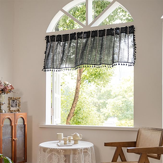 Sutuo Home Boho Valance Curtain 18 inches for Kitchen Cafe Dining Room, Short Farmhouse Vintage Tassels Window Treatment Bohemian Stripe Embroidery Drape, Rod Pocket 1 Panel 52" W x 18" L, Black