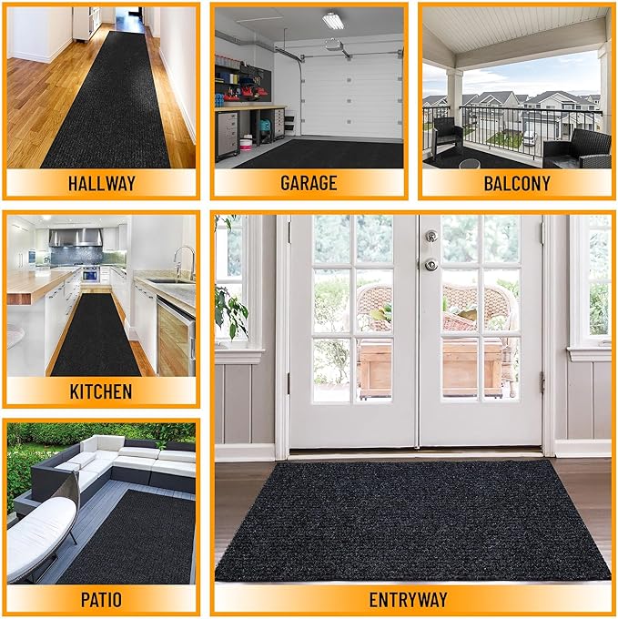 Ottomanson 2'7" x 20' Hallway Runner with Scraper Pile - Extra Durable Non-Slip Rug Mat for Indoor & Outdoor Use - Ideal for Kitchen, Entryway & Garage - High-Traffic Carpet, Black