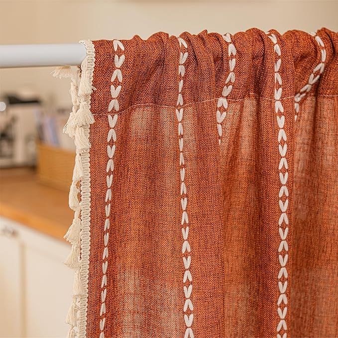 Sutuo Home Boho Sliding Door Curtains for Door Window, Bohemian Linen Tassles Light Filtering Temporary Room Privacy Dividers for Bedroom Living Room, Rod Pocket 1 Panel 37" W x 80" L, Terracotta