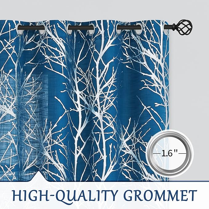 FMFUNCTEX Linen Semi Sheer Curtains for Bedroom and Living Room - Silver Foil Metallic Print Navy Blue Tree Panel, 96 Inches Long, Light Filtering, Grommet Top, 2 Panels