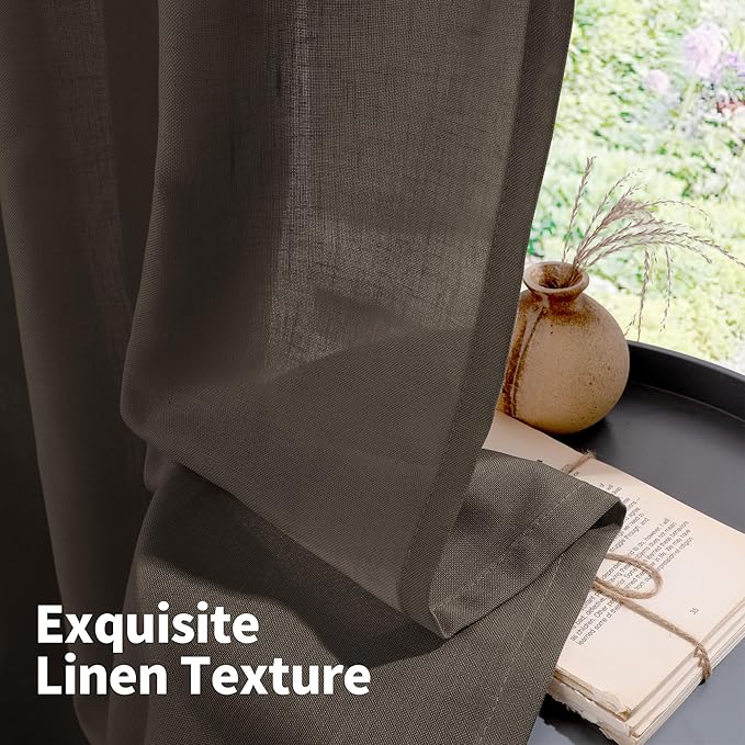 YoungsTex Short Brown Linen Curtains 40 Inch Length for Kitchen Cafe Window, Light Filtering Drapes Semi Sheer with Grommet for Cafe Bathroom Window, 2 Panels, 42 X 40 Inch