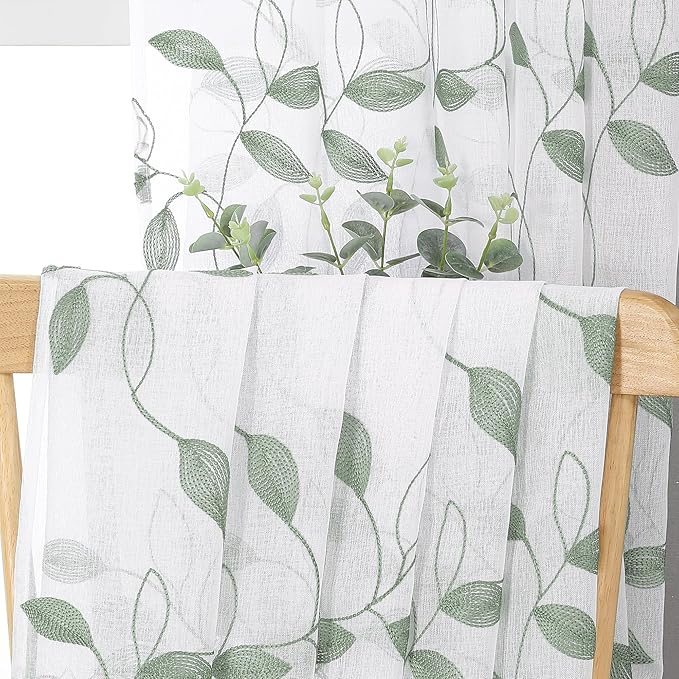 Tollpiz Sage Green Leaf Sheer Curtains Leaves Embroidered Living Room Short Curtain Rod Pocket Voile Window Treatments for Bedroom, 54 x 45 inches Long, Set of 2 Panels