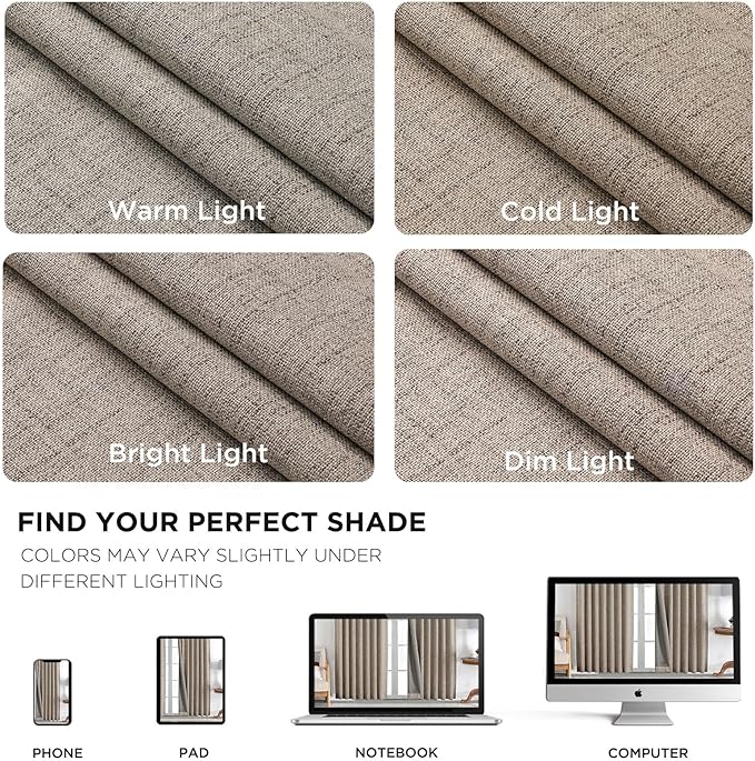 Joydeco 100% Blackout Curtains for Bedroom，Natural Linen Curtains, Thermal Insulated Linen Light Blocking Drapes, Rod Pocket & Back Tabs, Darkening Privacy for Living Room, 52" W x 96" L (Pack of 2)