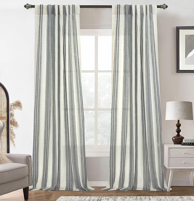 DriftAway Farmhouse Vertical Striped Linen Blend Textured Light Filtering Semi Sheer Curtains for Living Room Bedroom 108 Inches Long Drapes 2 Panels Broad Striped Linen Grey