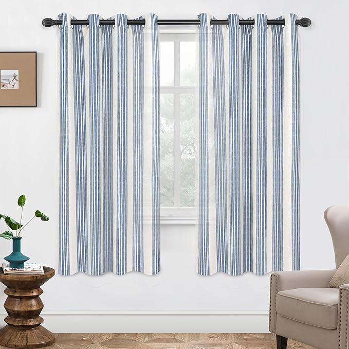 DriftAway Farmhouse Vertical Striped Linen Blend Textured Light Filtering Semi Sheer Curtains for Living Room Bedroom 63 Inches Long Drapes 2 Panels Broad Striped Jean Navy