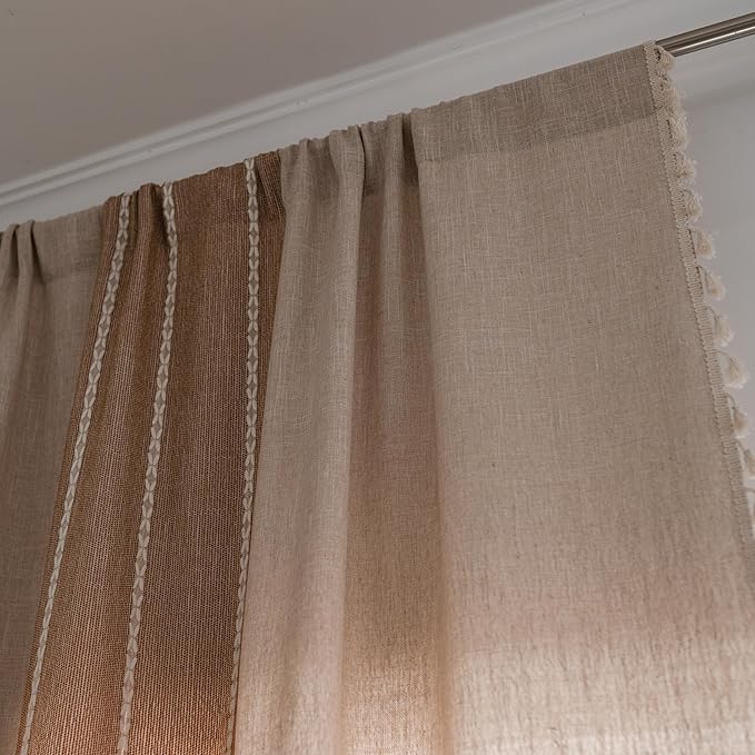 Sutuo Home Boho Curtains 90 inches for Living Room Bedroom, Semi Blackout Linen Farmhouse Shabby Chic Tassel Window Treatment Bohemian Embroidery Drape, Rod Pocket 1 Panel 52" W x 90" L, Coffee Linen