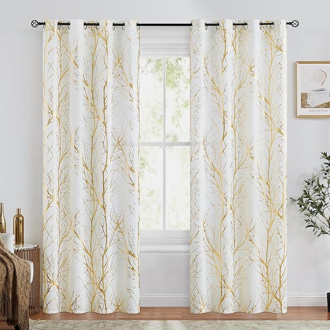 FMFUNCTEX Linen Semi Sheer Curtains, Gold Foil Metallic Print White Tree Panel for Bedroom & Living Room, Light Filtering 84 Inch Long Grommet Top 2 Panels