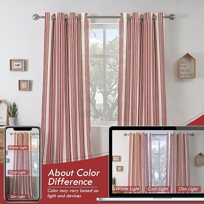 DriftAway Farmhouse Vertical Striped Linen Blend Textured Light Filtering Semi Sheer Curtains for Living Room Bedroom 63 Inches Long Drapes 2 Panels Broad Striped Red