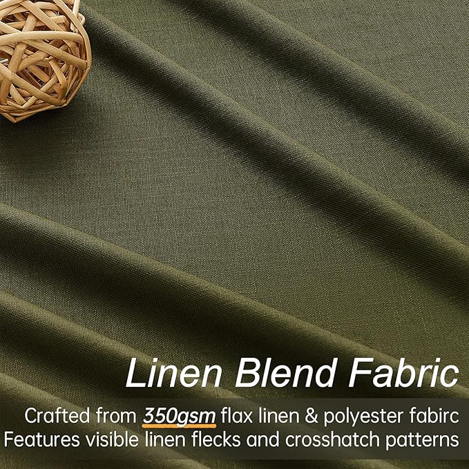 Topfinel Olive Green Linen Blackout Curtains 96 Inches Long, 100% Blackout Pinch Pleated Dark Green Boho Soundproof Track Back Tab Drapes with Hooks Rings for Living Room Bedroom Sliding Door