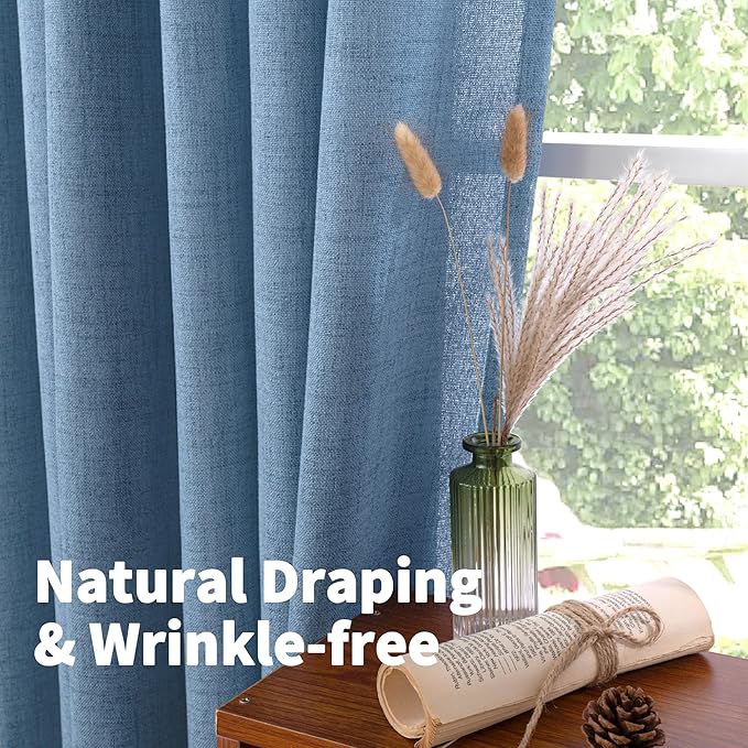 YoungsTex Denim Blue Linen Kitchen Window Curtains 40 Inches Long, Semi Sheer Short Drapes with Bronze Grommet Privacy Light Filtering for Bathroom Cafe Windows, 42 x 40 Inch, 2 Panels