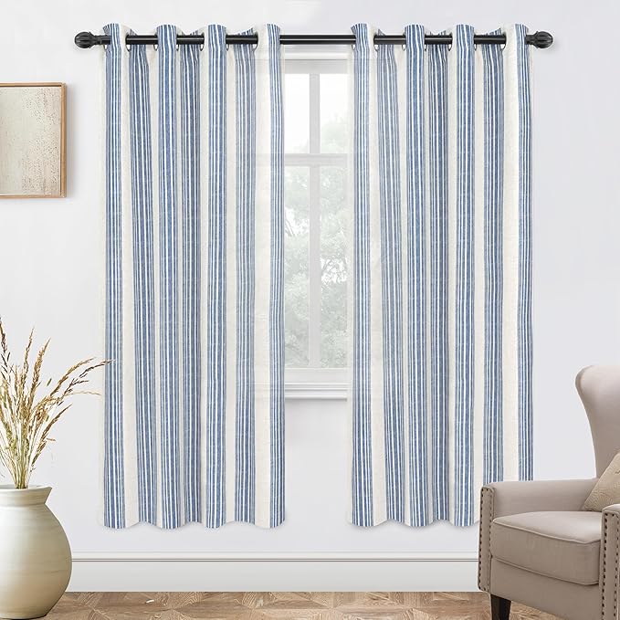 DriftAway Farmhouse Vertical Striped Linen Blend Textured Light Filtering Semi Sheer Curtains for Living Room Bedroom 72 Inches Long Drapes 2 Panels Broad Striped Jean Navy