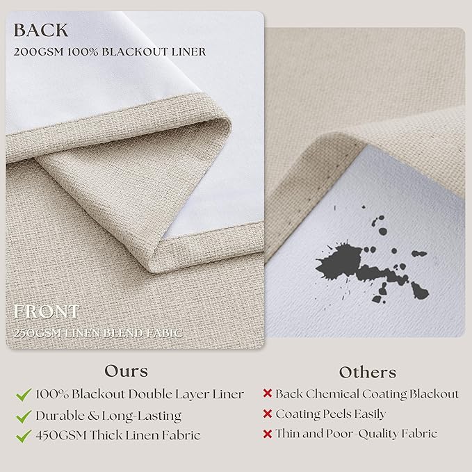 70 Inch Extra Wide Blackout Curtain 96 Inches Long for Living Room Pinch Pleated Natural Linen Cream Beige Thermal Drapes Back Tab Room Darkening 100% Blackout for Bedroom Large Window 70x96 1 Panel