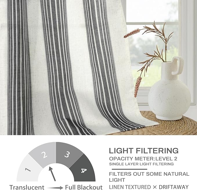 DriftAway Farmhouse Vertical Striped Linen Blend Textured Light Filtering Semi Sheer Curtains for Living Room Bedroom 96 Inches Long Drapes 2 Panels Broad Striped Linen Black