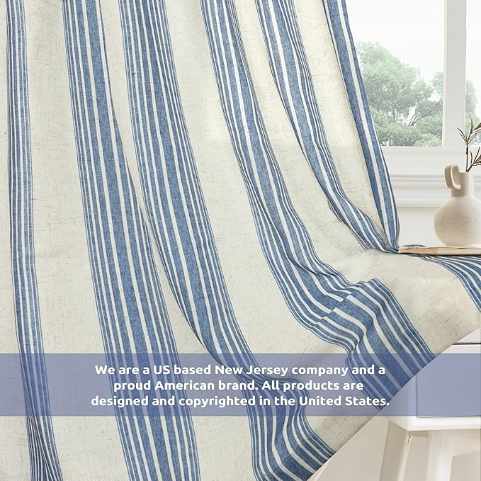 DriftAway Farmhouse Vertical Striped Linen Blend Textured Light Filtering Semi Sheer Curtains for Living Room Bedroom 63 Inches Long Drapes 2 Panels Broad Striped Linen Jean Navy