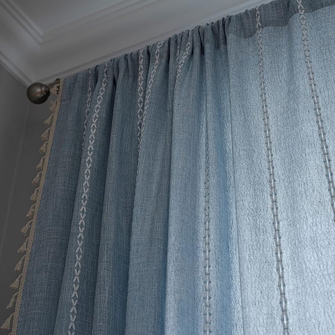 Sutuo Home Boho Curtains for Bedroom Dining Room, Light Filtering Farmhouse Vintage Chic Tassels Window Treatment Bohemian Embroidery Drape, Rod Pocket 1 Panel 52" W x 108" L, Blue