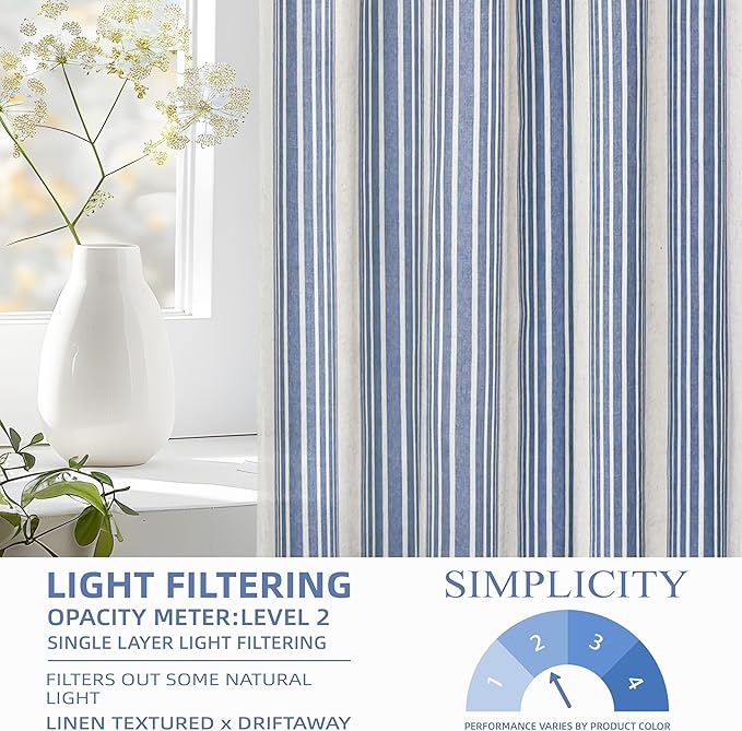 DriftAway Farmhouse Vertical Striped Linen Blend Textured Light Filtering Semi Sheer Curtains for Living Room Bedroom 108 Inches Long Drapes 2 Panels Broad Striped Jean Navy