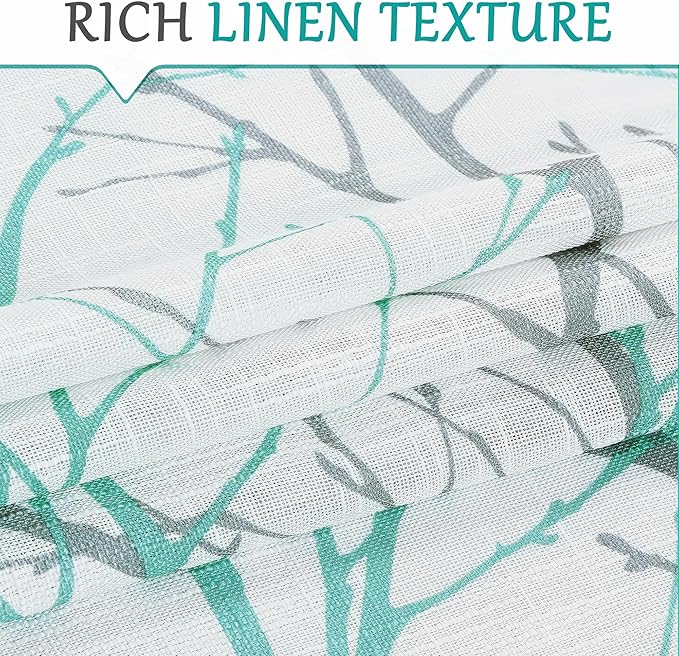 FMFUNCTEX Linen Semi Sheer Curtains for Bedroom, Auqa Blue White Curtains 63 Inches Long for Living Room, Grey Tree Branch Patterned Curtain Light Filtering Window Drapes, Grommet Top 2 Panels