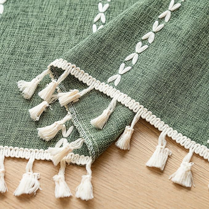 Sutuo Home Boho Valance Short Curtains Tier for Windows Cafe Closet, Bohemian Linen Farmhouse Tassels Light Filtering Window Treatment Embroidery Drape Rod Pocket 1 Panel 52" W x 36" L Olive Green
