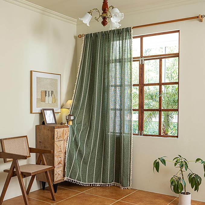 Sutuo Home Boho Kitchen Curtains with Beige Tassels, Semi Blackout Linen French Country Shabby Chic Window Treatment Bohemian Embroidery Knitted Drape, Rod Pocket 1 Panel 52" W x 63" L, Olive Green