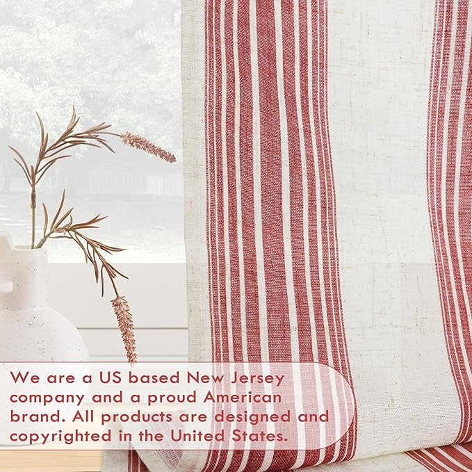DriftAway Farmhouse Vertical Striped Linen Blend Textured Light Filtering Semi Sheer Curtains for Living Room Bedroom 108 Inches Long Drapes 2 Panels Broad Striped Linen Red