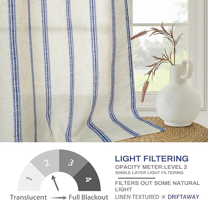 DriftAway Farmhouse Vertical Striped Linen Blend Textured Light Filtering Semi Sheer Curtains for Living Room Bedroom 120 Inches Long Drapes 2 Panels