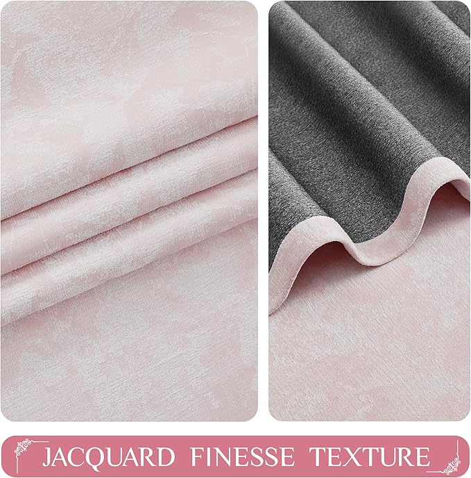 Beauoop Pink Floral Jacquard Blackout Curtains 72 Inches Long 2 Panels for Girls Bedroom Living Room Chenille Flower Room Darkening Thermal Insulated Soundproof Rod Pocket Back Tab Window Drapes 52x72