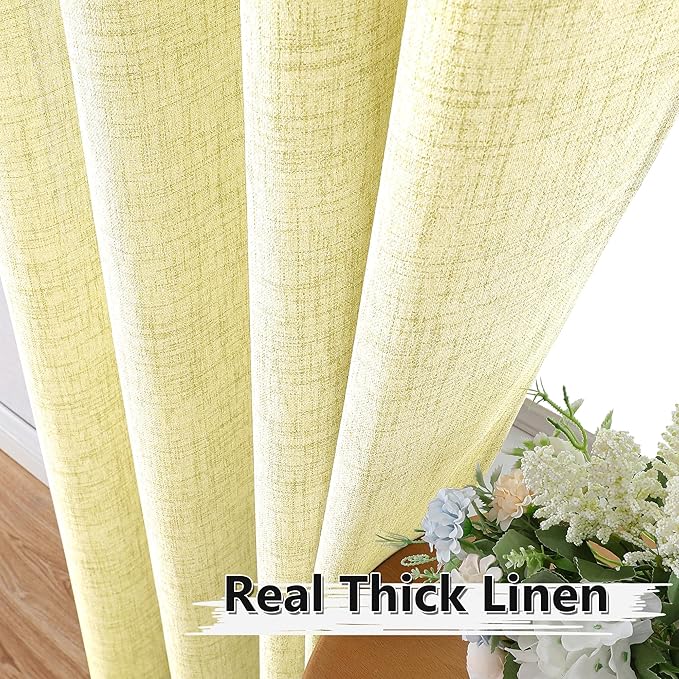 Tollpiz Short Linen Curtains Living Room Rod Pocket Semi Sheer Curtain Burlap Light Filtering Thick Linen Drapes for Bedroom, 54 x 54 inches Long, Cream Yellow, Set of 2 Panels