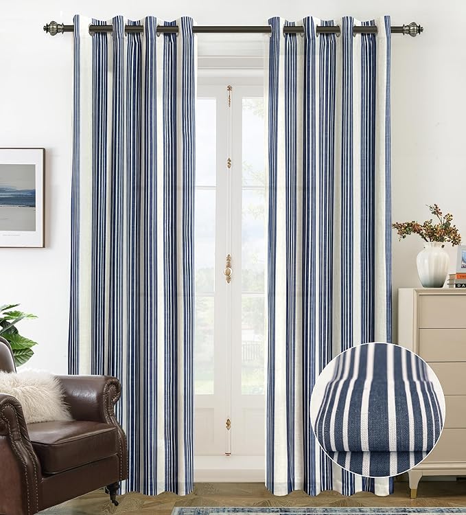DriftAway Farmhouse Vertical Striped Linen Blend Textured Light Filtering Semi Sheer Curtains for Living Room Bedroom 120 Inches Long Drapes 2 Panels Broad Striped Dark Navy